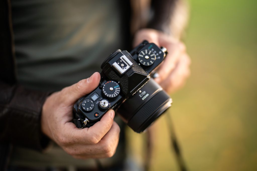 The mechanical dials on the top plate of the Nikon Zf seen from above