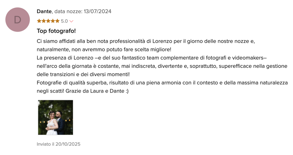 Recensione di Dante e Laura su matrimonio.com